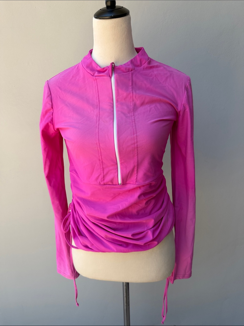 MOTT50 Women’s Hot Pink Long-Sleeve Ruched Zip-Front Adjustable Swim Coverup